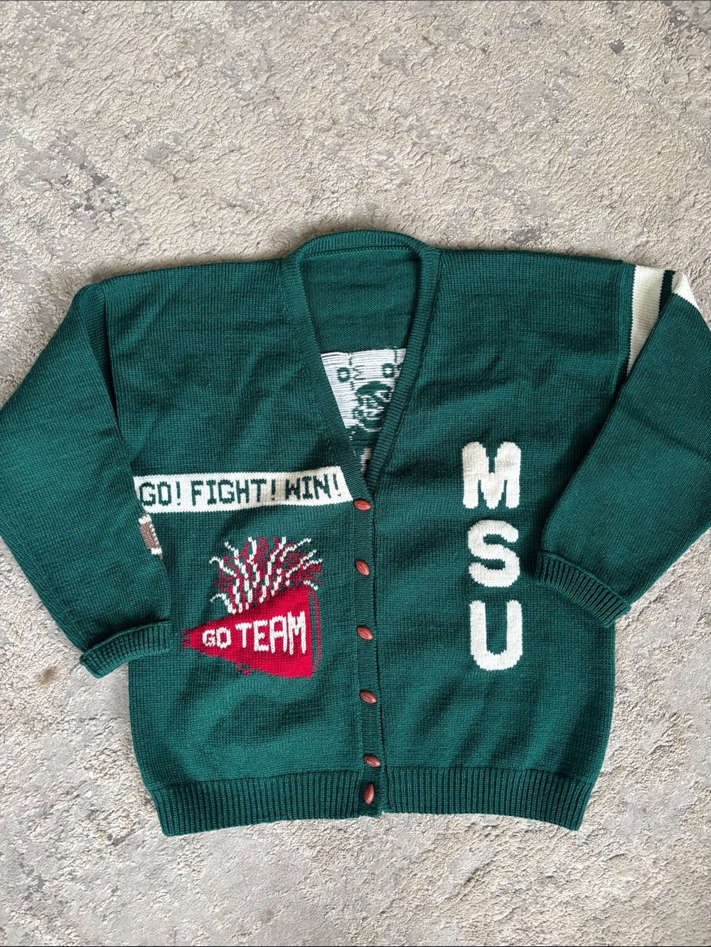VINTAGE 80-90s handmade Green MSU Team Knit Cardigan Sweater